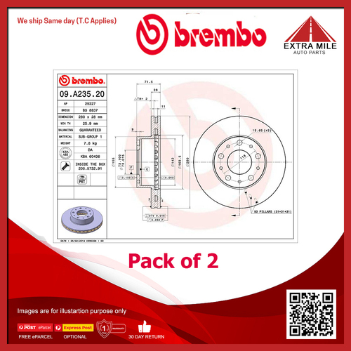 2X Brembo Front Brake Disc Rotor For Fiat Ducato, Mazda 6 - 09.A235.20