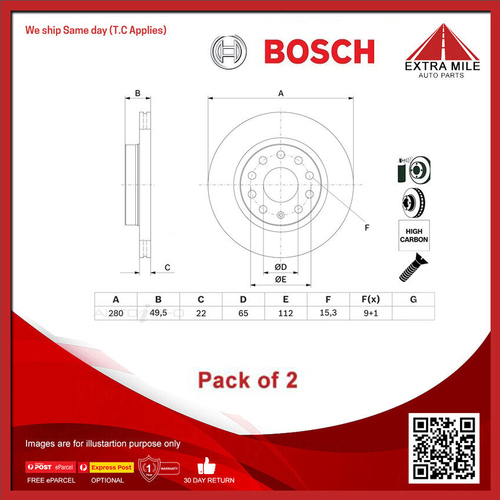 2X Bosch Front Brake Disc Rotor For Volkswagen Golf MK5/MK6 1.9L/1.6L/2.0L/3.2L