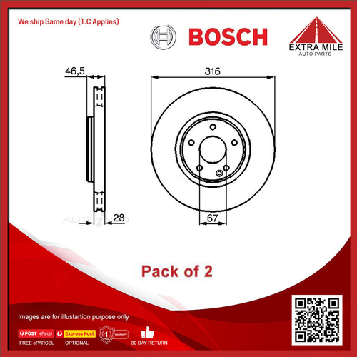 2X Bosch Front Brake Disc Rotor For Mercedes Benz C36/E320/E430 V6/V8 -BD543