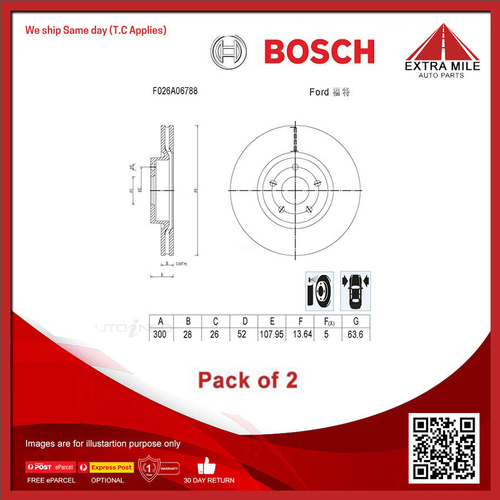 2X Bosch Front Brake Disc Rotor For Ford Mondeo, Hyundai H1 iMax, iMax TQ-CD1202