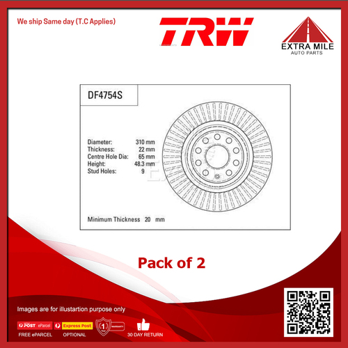 TRW Disc Brake Rotor Pair 310mm Rear For Skoda Superb 3V5, 3V3, 3T5 2.0L/1.8L