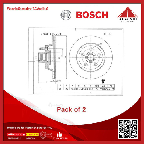 2X Bosch Front Brake Disc Rotor For Ford Fairmont EF/EL, Falcon EF/EL -PBR131