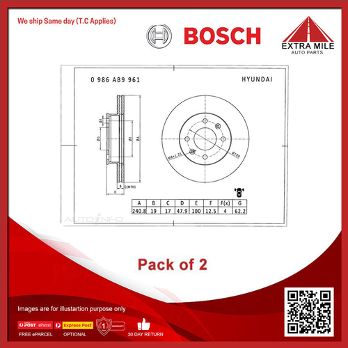 2X Bosch Front Brake Disc Rotor For Hyundai Getz TB 1.5L/1.3L/1.4L/1.6L -PBR2450