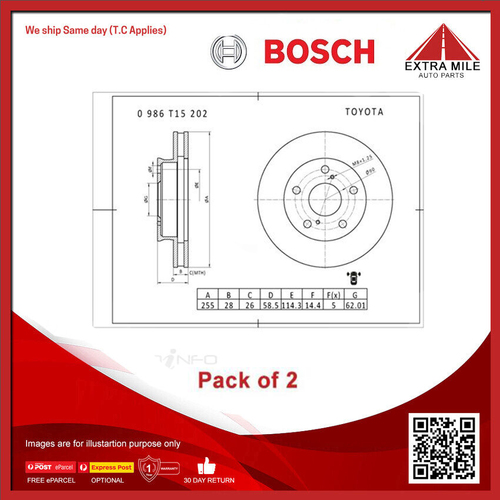 2X Bosch Front Brake Disc Rotor For Toyota Hilux GGN/KUN/TGN 4.0L/3.0L/2.7L V6