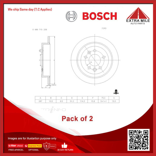 2X Bosch Rear Brake Disc Rotor For Ford Fairlane, Falcon, LTD, TE50, TL50-PBR501