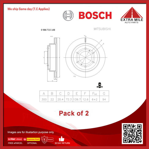 2X Bosch Rear Brake Disc Rotor For Mitsubishi Pajero NP/NM 3.0L/3.5L/3.2L V6